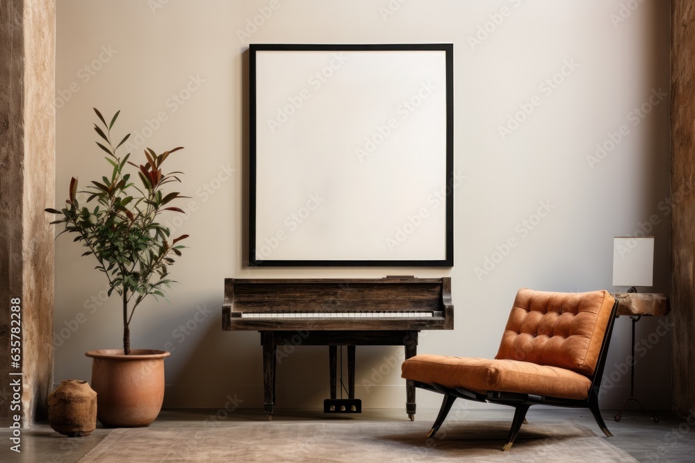 Interior design one empty poster frame next to a grand piano. Generative AI Interior design one empty poster frame next to a grand piano. Generative AI