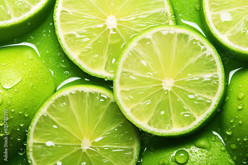 Ripe lime slice with water drops. Close up