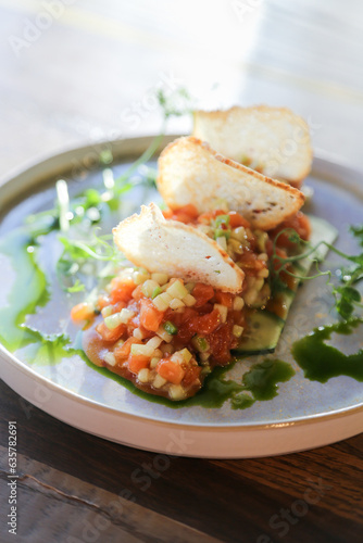 Salmon tartare with avocado and chips