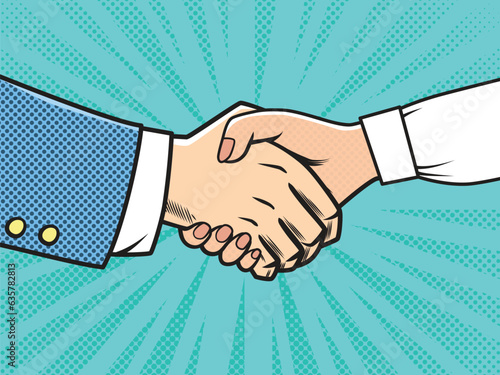 Woman and man handshake. Gender cooperation. Pop art vintage Vector illustration
