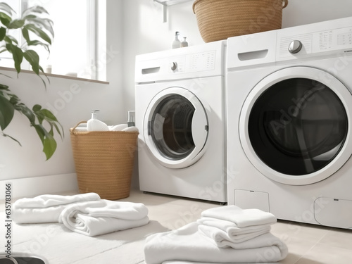 Modern washing machine and laundry basket near white wall, text space. Bathroom interior. ai generated