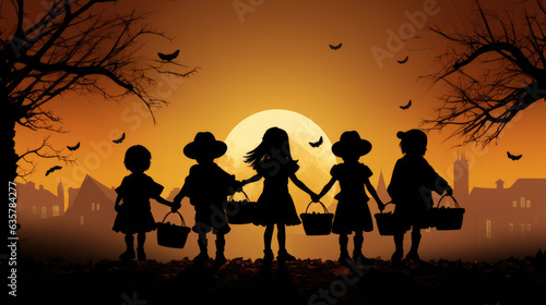 Mystical Halloween. Dark night, against which you can see the tall black silhouettes of trees. The orange glow of the lanterns creates, with sliced ​​pumpkins, from which frightening faces are carved 