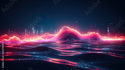 Neon wave, dark abstract ba...