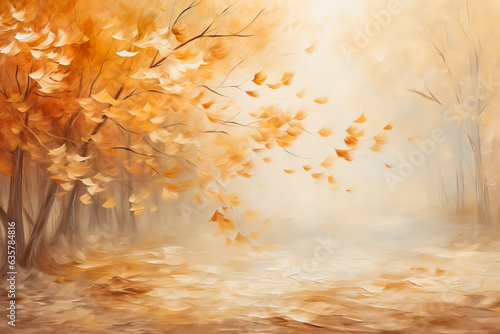 Abstract painting of autumn leaves falling in a mystical forest 