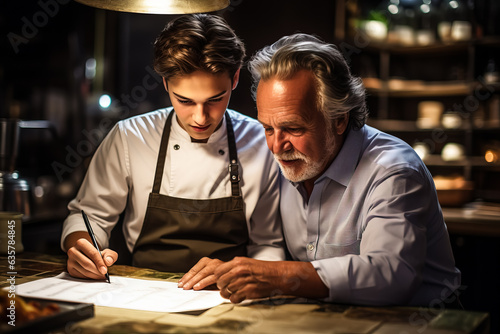 An experienced male chef mentoring a young apprentice in a restaurant kitchen 