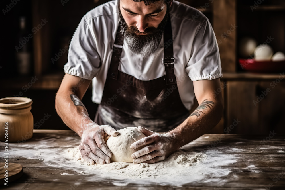 Man preparing bread dough on a wooden table 