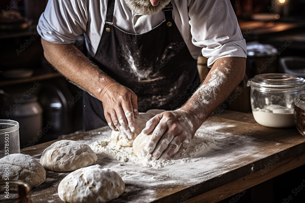 Man preparing bread dough on a wooden table 