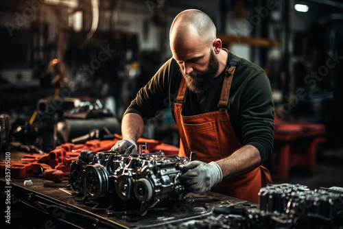 Male mechanic's hands working on a car engine with workshop background © fotogurmespb