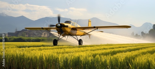 Flying crop duster spraying pesticide. Generative AI technology.
