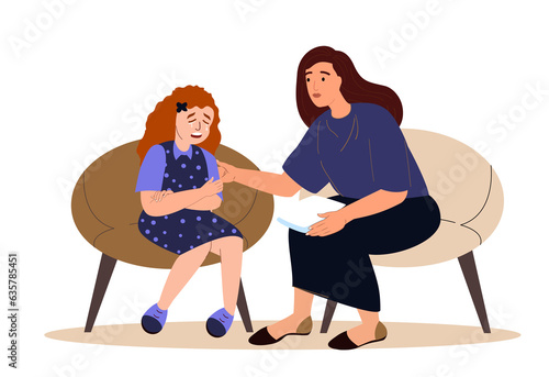 Child psychotherapist supporting,comforting Crying girl sitting the session with a psychologist.Difficult teenager crisis,psychological trauma,children problems.Mental health.Flat vector illustration