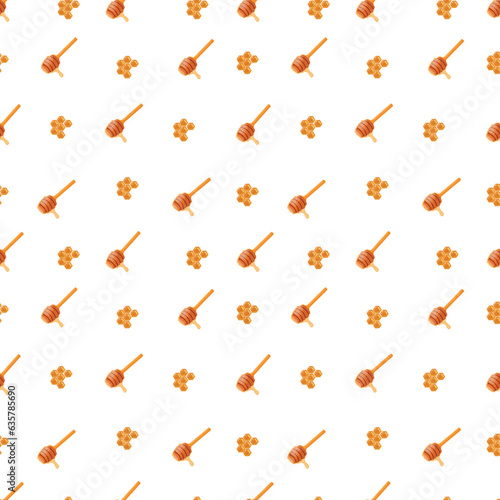 Wooden honey spoon and honeycomb seamless pattern