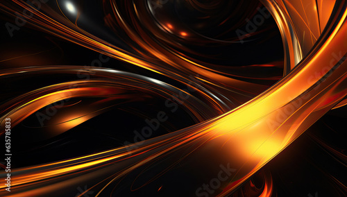 A dynamic abstract design with swirling ribbons of orange and golden light against a dark background. The flowing shapes and the glossy finish give the impression of movement and energy