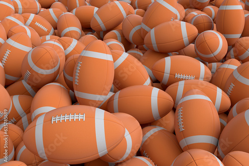 Many of flying orange american football ball falling on white background