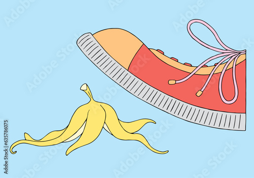 A person steps on a banana peel. Concept of failure. Man stepping on banana. Hand Drawn. Freehand drawing. Doodle. Sketch. Outline.	