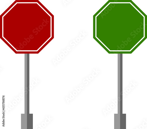 Red and Green Blank Stop Traffic Octagon Sign or Adblock or Do Not Enter or Forbidden Icon Set with Pole. Vector Image.