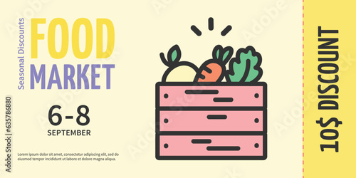 Food Market in Wooden Box Gift Voucher Coupon Placard Poster Banner Card. Vector illustration of Organic Harvest