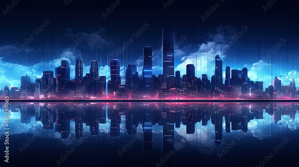 Panorama of the night city, neon light. AI generation