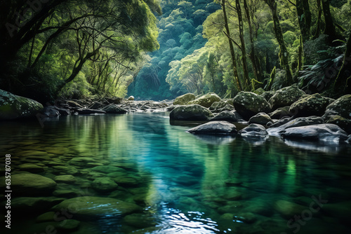 Nature s mirror  a pristine river in the heart of the rainforest  perfectly reflecting the surrounding lush greenery