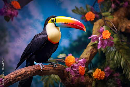 The vibrancy of tropical life, a toucan perched confidently against a backdrop of nature's most colorful flora © Davivd