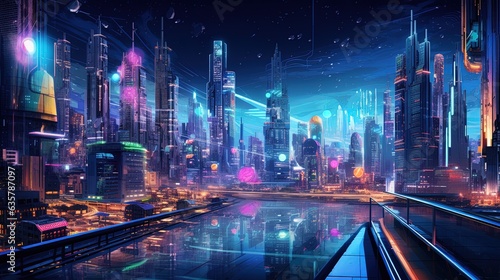 Panorama of the night city  neon light. AI generation