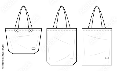 Tote bag technical fashion illustration. Canvas Tote Bag or ECO BAG fashion flat technical drawing template. front view. collection. unisex. white colour. CAD mockup.