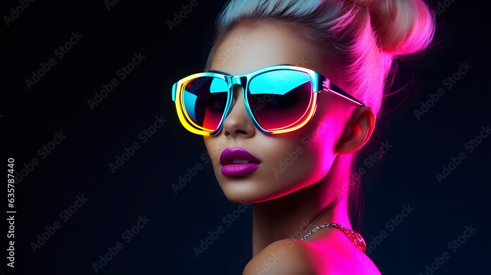 Stylish female model wearing neon light glasses In dark background