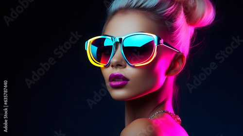 Stylish female model wearing neon light glasses In dark background