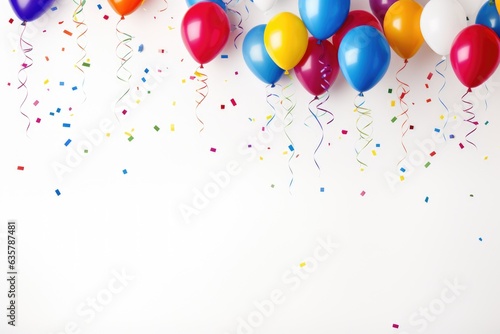 balloons with confetti and streamers on a white background, in the style of youthful energy, playful arrangements, sensory experience, birds-eye-view, vibrant and lively hues