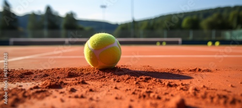 Closeup tennis ball at court. Generative AI technology.