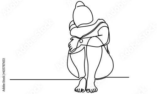 Continuous line drawings of a young woman's sad emotional shock, loss, grief, life problems, confusion messy feelings worried about bad mental health. The concept of failure and heartbreak is isolated