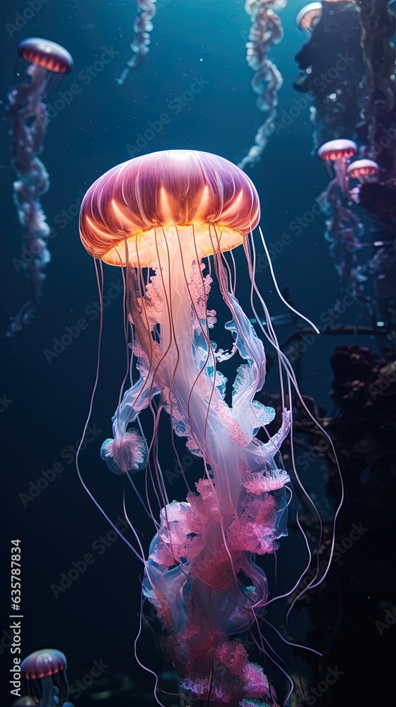 Big jellyfish in the depths of the sea, neon. AI generation Big jellyfish in the depths of the sea, neon. AI generation