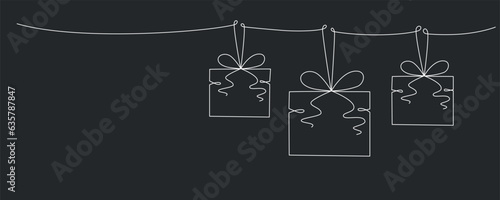 Gift boxes with bows hand drawing single line. Vector stock illustration isolated on background for design template Christmas, wedding or birthday banner, invitation, greeting card. Editable stroke
