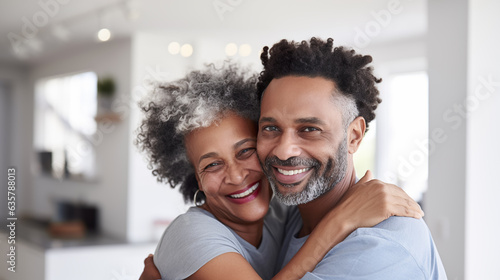 Smiling senior woman embracing his adult son against the backdrop of a living room