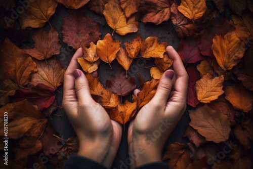 Hands clasped together, forming a heart shape. Thanksgiving. The spirit of gratitude and love during the holiday season. Generative AI. photo