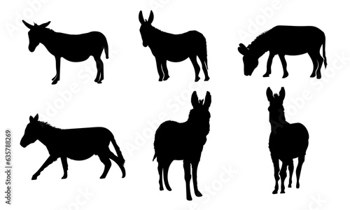 silhouettes of donkeys in different poses or collection of donkeys in silhouette style