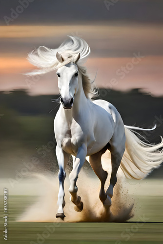 the regal beauty of a white stallion galloping freely across a windswept field. Use a panning