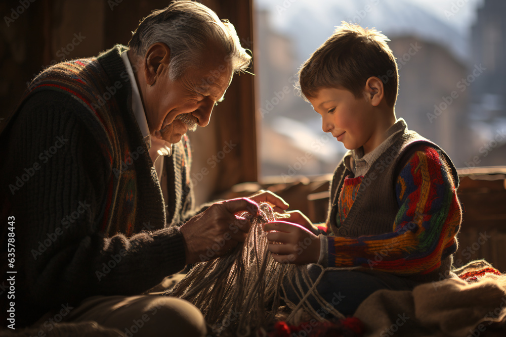 A senior old man and a young boy in winter sweater working on tangled up yarn in a room near window