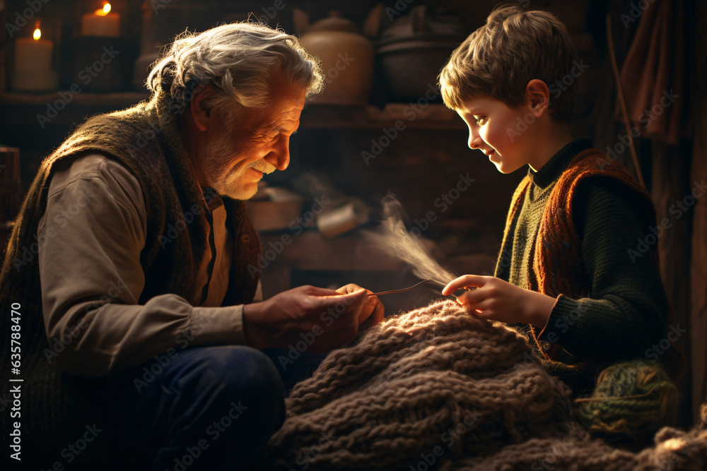 A senior old man teach a young boy how to knit a winter yarn thrower in
