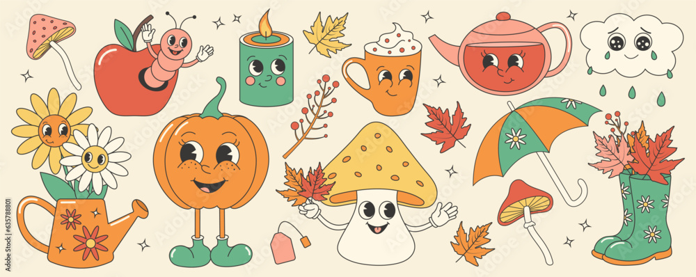 Groovy retro autumn sticker set. Trendy retro cartoon style. Groovy retro autumn sticker set. Trendy retro cartoon style.