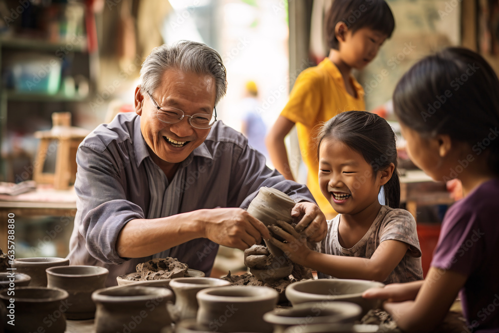 A senior Asian man in glasses teach young children making clay pottery in a local workshop happily