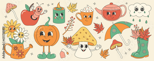 Fototapeta Naklejka Na Ścianę i Meble -  Groovy retro autumn sticker set. Trendy retro cartoon style.