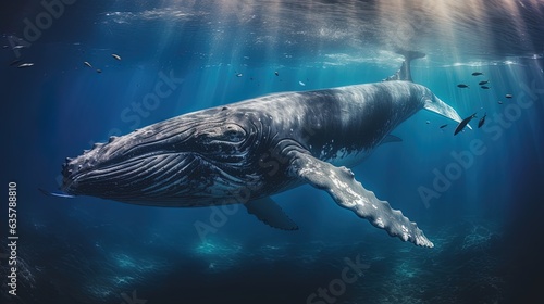 Big lonely whale in the depths of the sea. AI generation © MiaStendal