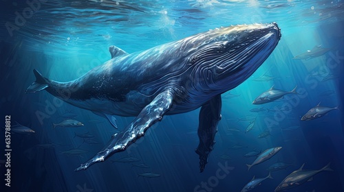 Big lonely whale in the depths of the sea. AI generation © MiaStendal