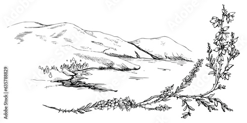 Ink hand drawn sketch vector illustration. Landscape scenery of highlands countryside nature. Hills, lake, heather. Horizontal banner composition. Design for travel, tourism, brochure, print, wall art