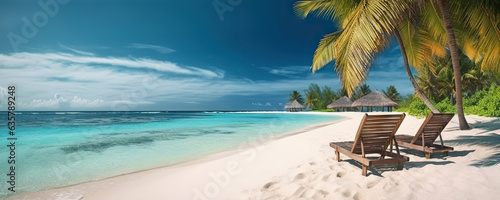 Sun loungers on a tropical palm beach with white sand on background of turquoise ocean. Copy space