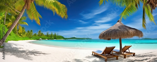 Sun loungers on a tropical palm beach with white sand on background of turquoise ocean. Copy space