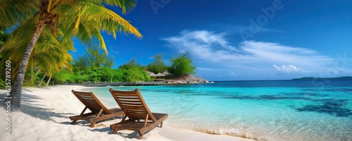 Sun loungers on a tropical palm beach with white sand on background of turquoise ocean. Copy space