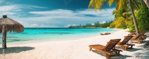 Sun loungers on a tropical palm beach with white sand on background of turquoise ocean. Copy space