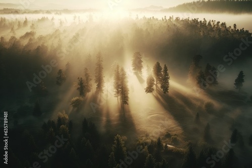 Aerial view of misty forest at sunrise. Beautiful nature landscape © LAYHONG