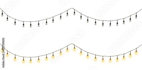 Isolated Christmas garland on a transparent background. Shining yellow light bulbs with sparkles. Suitable for Xmas, New Year, wedding, or birthday decorations. Perfect for party event decor. PNG